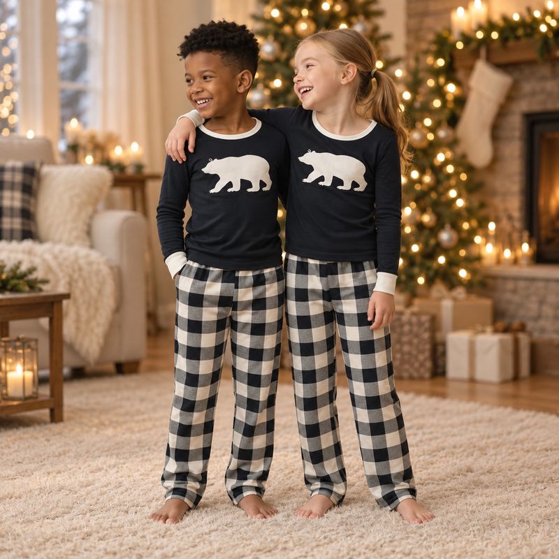 Black & Cream Plaid Bear Family Matching Pyjamas