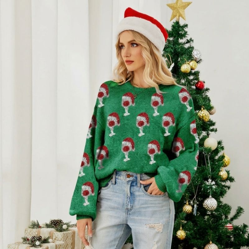 Festive Santa Wine Glass Knit Sweater Christmas Jumper