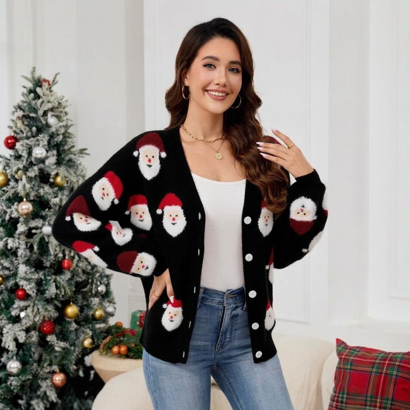 Santa Graphic Button-Up Christmas Jumper
