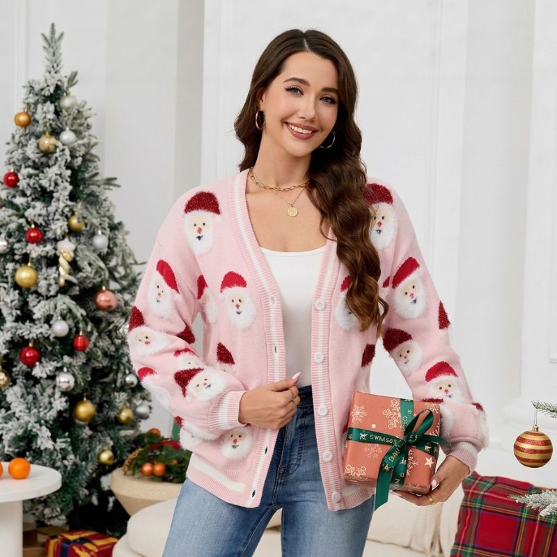 Santa Graphic Button-Up Christmas Jumper