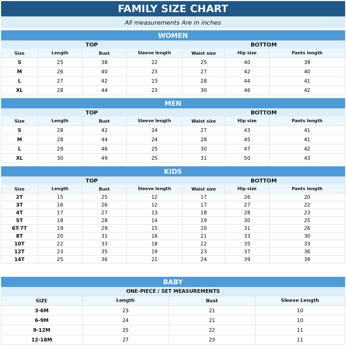 Size Chart Inch